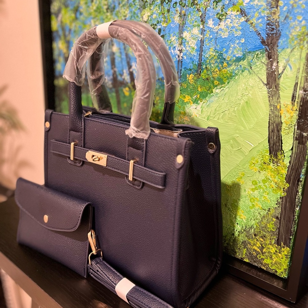 Stylish Blue and Black Satchel with Gold Hardware